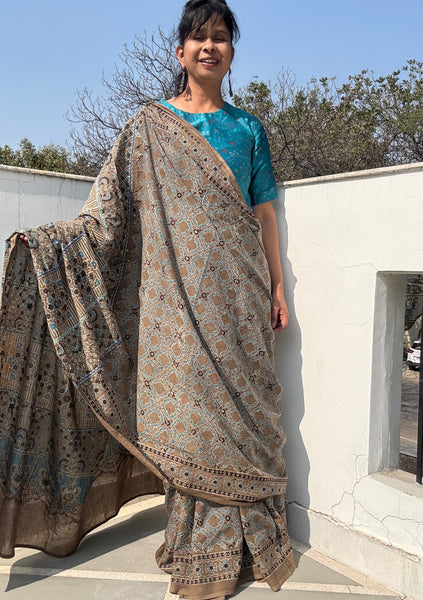 Desert Geometry- Ajrakh Hand Embroidered Cotton Saree - Naturally Dyed