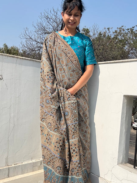 Desert Geometry- Ajrakh Hand Embroidered Cotton Saree - Naturally Dyed