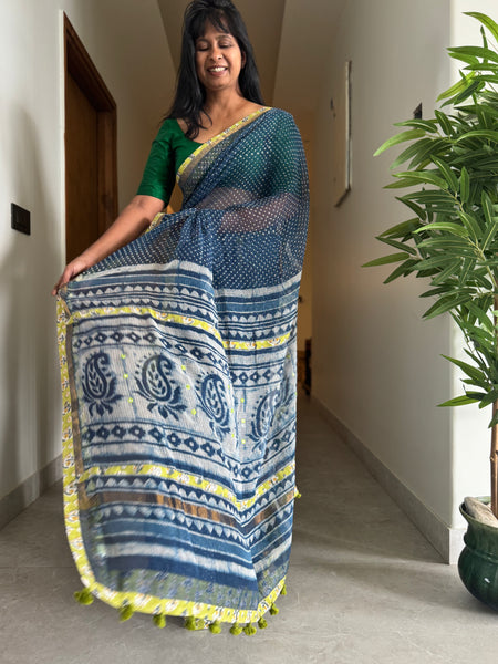 Best Seller Indigo -Embroidered pallu & patchwork inner border- kota doria saree