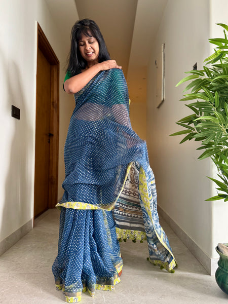 Best Seller Indigo -Embroidered pallu & patchwork border- kota doria sare