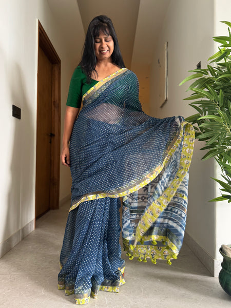 Best Seller Indigo -Embroidered pallu & patchwork inner border- kota doria saree