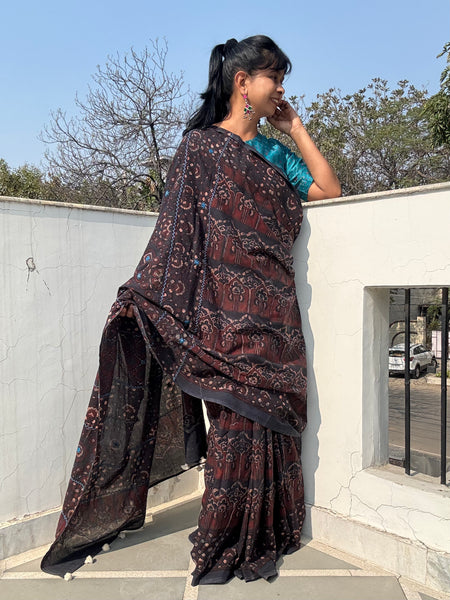 Desert Geometry- Ajrakh Hand Embroidered Cotton Saree - Naturally Dyed - Black