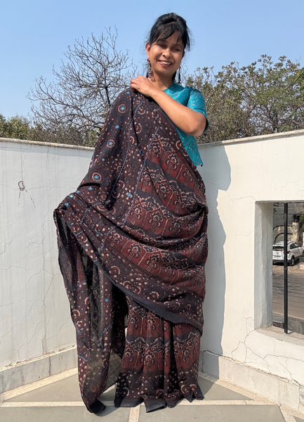 Desert Geometry- Ajrakh Hand Embroidered Cotton Saree - Naturally Dyed - Black