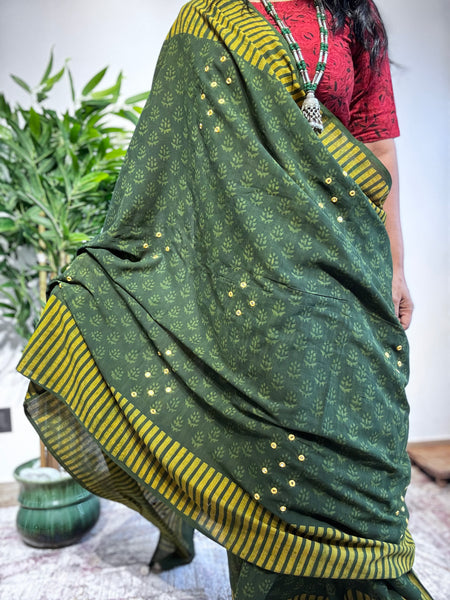 Embroidered pallu & front hand block printed cotton saree
