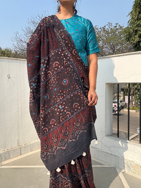 Desert Geometry- Ajrakh Hand Embroidered Cotton Saree - Naturally Dyed - Black