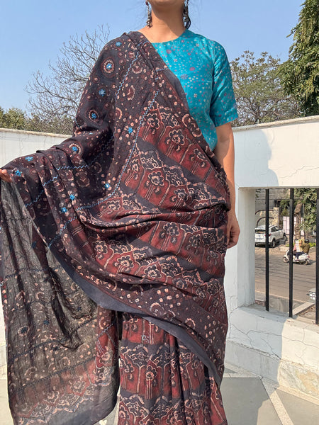 Desert Geometry- Ajrakh Hand Embroidered Cotton Saree - Naturally Dyed - Black