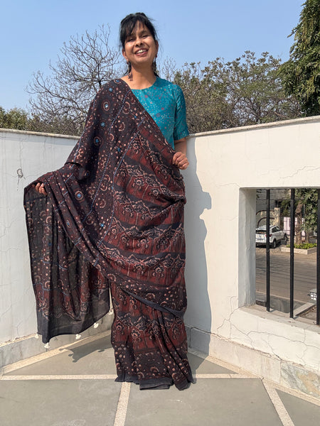 Desert Geometry- Ajrakh Hand Embroidered Cotton Saree - Naturally Dyed - Black