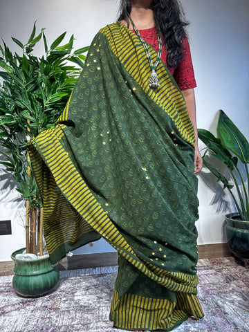 Embroidered pallu & front hand block printed cotton saree