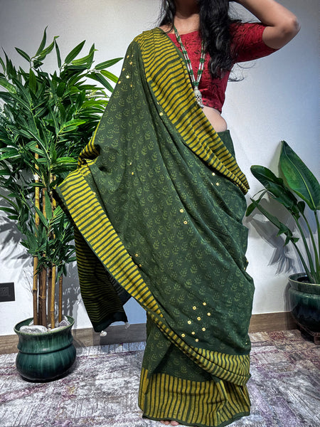 Embroidered pallu & front hand block printed cotton saree