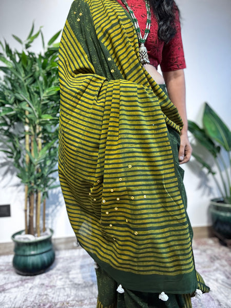Embroidered pallu & front hand block printed cotton saree