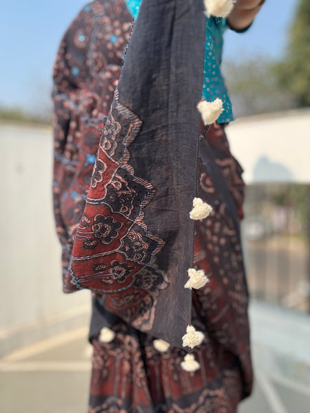 Desert Geometry- Ajrakh Hand Embroidered Cotton Saree - Naturally Dyed - Black