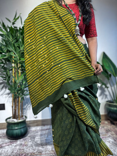 Embroidered pallu & front hand block printed cotton saree