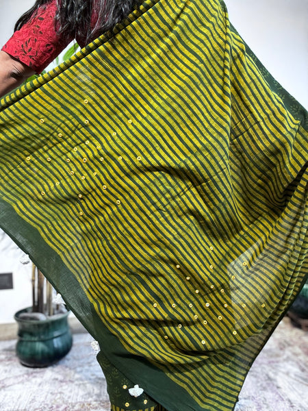 Embroidered pallu & front hand block printed cotton saree