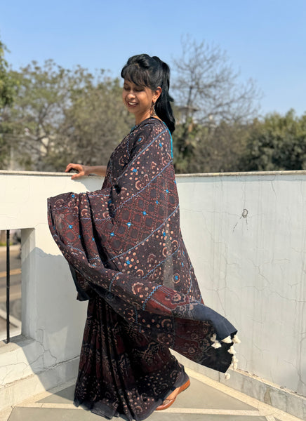 Desert Geometry- Ajrakh Hand Embroidered Cotton Saree - Naturally Dyed - Black