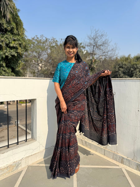 Desert Geometry- Ajrakh Hand Embroidered Cotton Saree - Naturally Dyed - Black