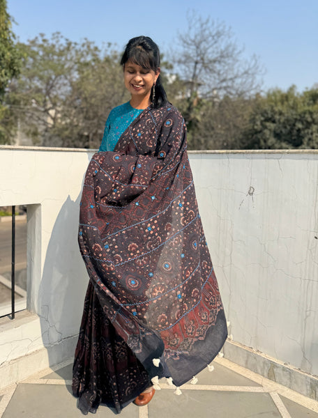 Desert Geometry- Ajrakh Hand Embroidered Cotton Saree - Naturally Dyed- Navy Blue