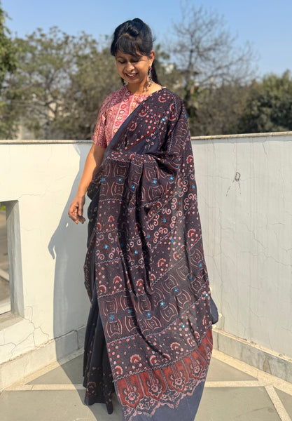 Desert Geometry- Ajrakh Hand Embroidered Cotton Saree - Naturally Dyed- Navy Blue