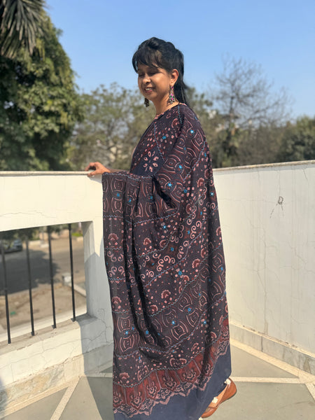 Desert Geometry- Ajrakh Hand Embroidered Cotton Saree - Naturally Dyed- Navy Blue