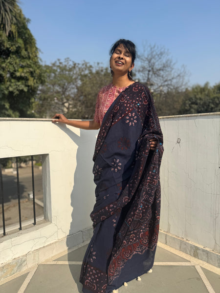 Desert Geometry- Ajrakh Hand Embroidered Cotton Saree - Naturally Dyed- Navy Blue