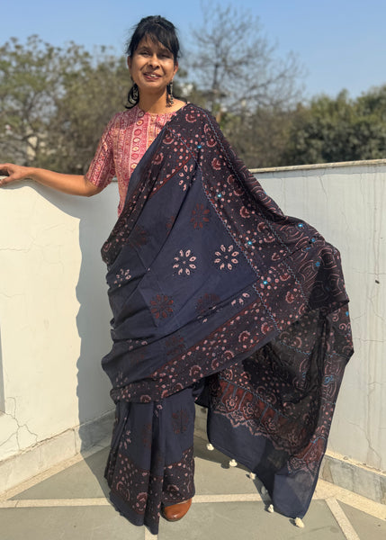 Desert Geometry- Ajrakh Hand Embroidered Cotton Saree - Naturally Dyed- Navy Blue