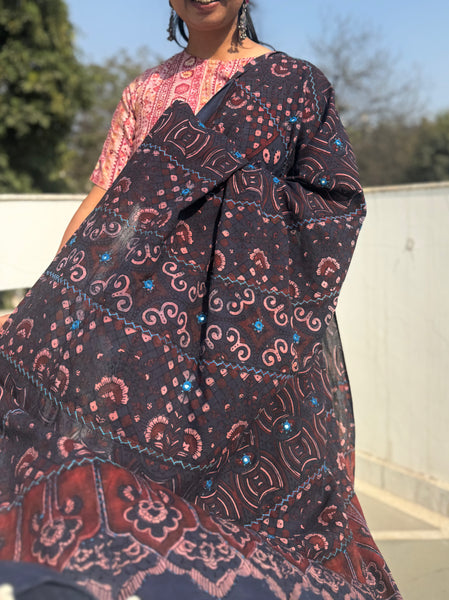 Desert Geometry- Ajrakh Hand Embroidered Cotton Saree - Naturally Dyed- Navy Blue