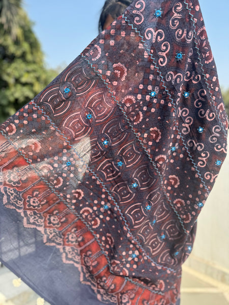 Desert Geometry- Ajrakh Hand Embroidered Cotton Saree - Naturally Dyed- Navy Blue
