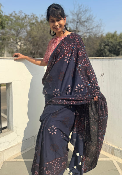Desert Geometry- Ajrakh Hand Embroidered Cotton Saree - Naturally Dyed- Navy Blue