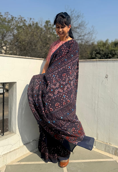 Desert Geometry- Ajrakh Hand Embroidered Cotton Saree - Naturally Dyed- Navy Blue