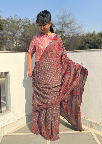 Desert Geometry- Ajrakh Hand Embroidered Cotton Saree - Naturally Dyed - Brown