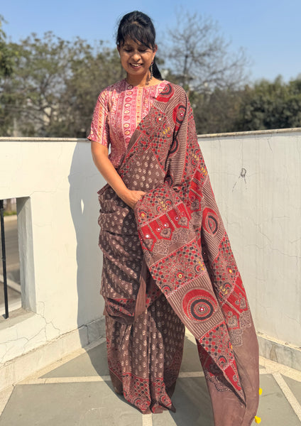 Desert Geometry- Ajrakh Hand Embroidered Cotton Saree - Naturally Dyed - Brown