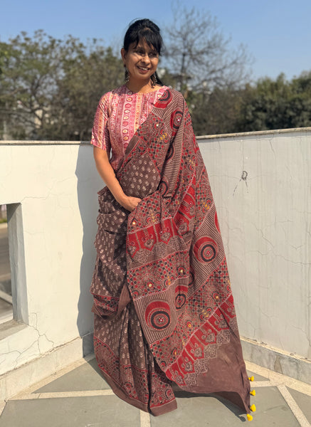 Desert Geometry- Ajrakh Hand Embroidered Cotton Saree - Naturally Dyed - Brown