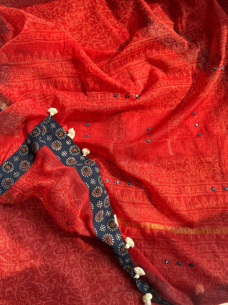 Best Seller -Embroidered pallu & patchwork border- kota doria sare