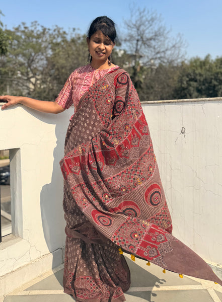 Desert Geometry- Ajrakh Hand Embroidered Cotton Saree - Naturally Dyed - Brown