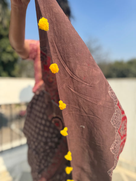 Desert Geometry- Ajrakh Hand Embroidered Cotton Saree - Naturally Dyed - Brown