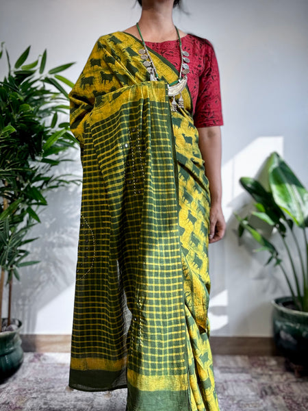 Embroidered pallu hand block printed cotton saree