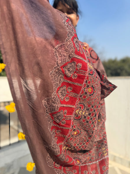 Desert Geometry- Ajrakh Hand Embroidered Cotton Saree - Naturally Dyed - Brown