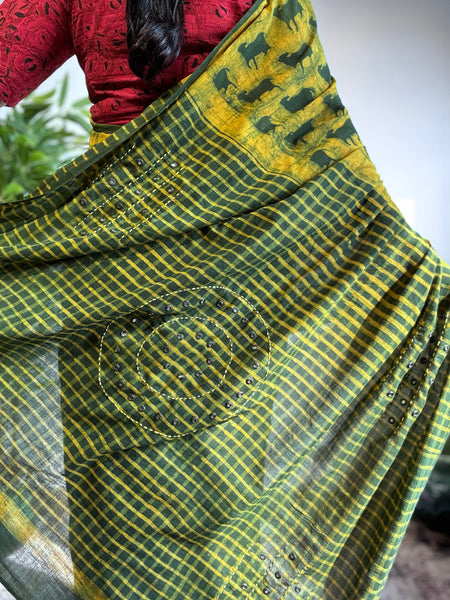 Embroidered pallu hand block printed cotton saree