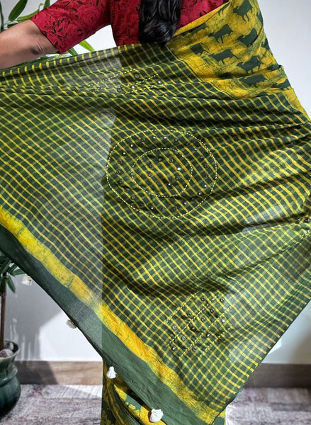 Embroidered pallu hand block printed cotton saree