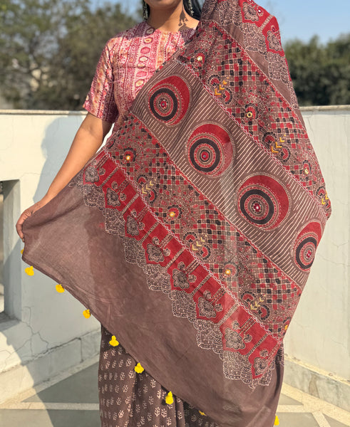 Desert Geometry- Ajrakh Hand Embroidered Cotton Saree - Naturally Dyed - Brown