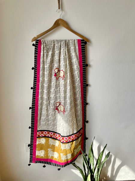 Yellow cow Patchwork dupatta / stole - white and grey base