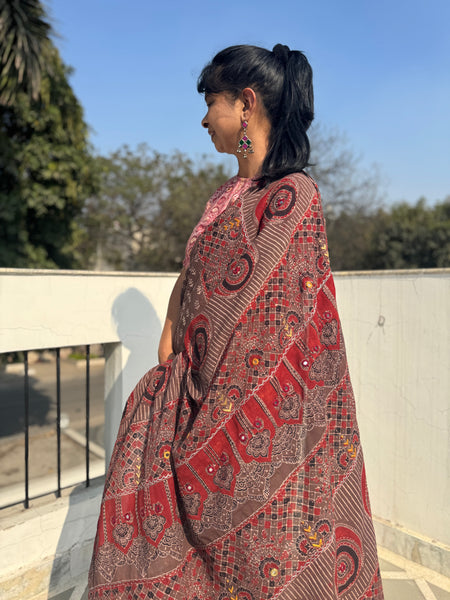 Desert Geometry- Ajrakh Hand Embroidered Cotton Saree - Naturally Dyed - Brown