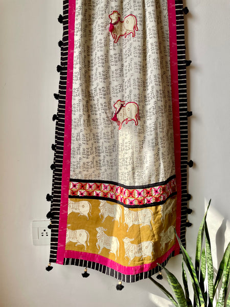 Yellow cow Patchwork dupatta / stole - white and grey base