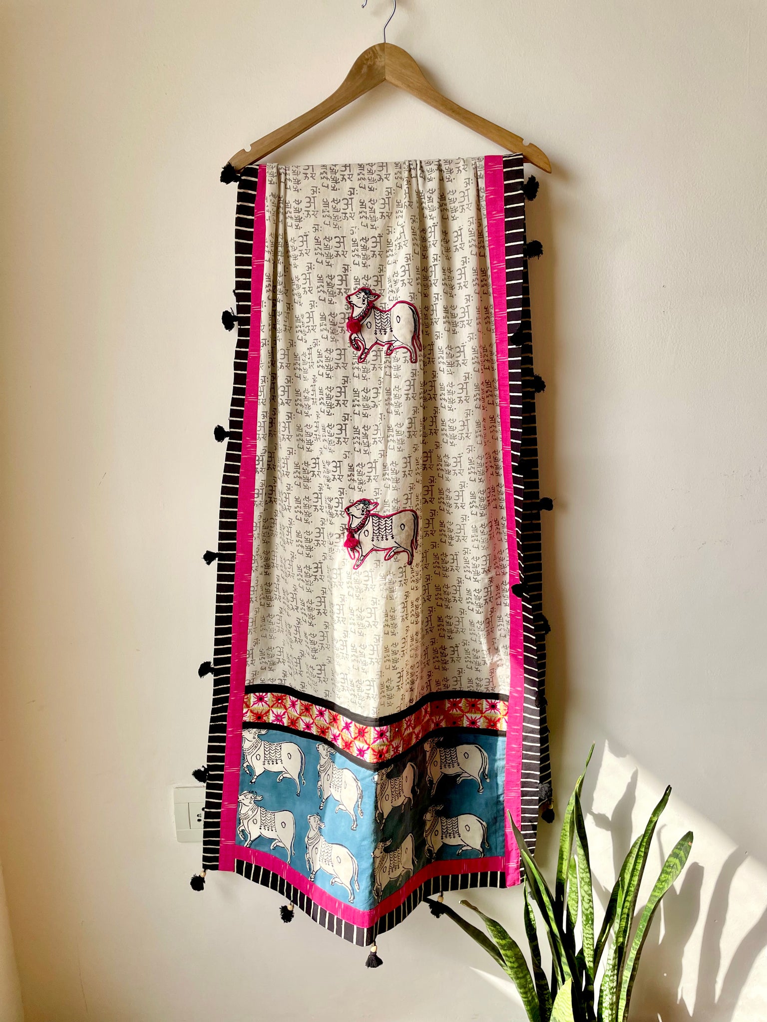 Blue Cow Patchwork Dupatta / Stole - white and grey base
