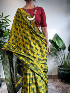 Embroidered pallu hand block printed cotton saree