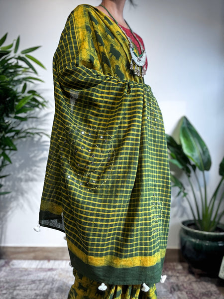 Embroidered pallu hand block printed cotton saree