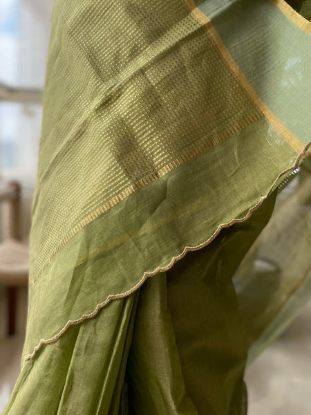 Pista green- Tissue Chanderi Handwoven Saree - Heavy Zari Checks Pallu