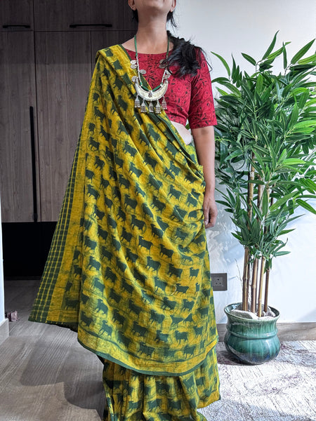 Embroidered pallu hand block printed cotton saree