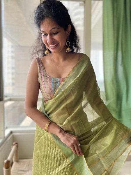 Pista green- Tissue Chanderi Handwoven Saree - Heavy Zari Checks Pallu