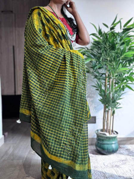 Embroidered pallu hand block printed cotton saree