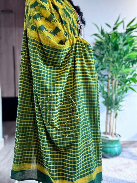 Embroidered pallu hand block printed cotton saree